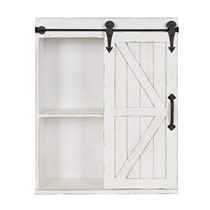 Cates Modern Farmhouse Decorative Wood Wall Storage Shelving Cabinet with Sliding Barn Door, Rustic White