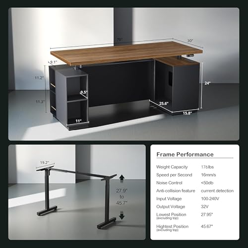 71" Electric Standing Executive Desk with Privacy Panel & Charging Station, Large One-Piece Height Adjustable Stand Up Desk with Under Storage, Home and Office, Black Walnut