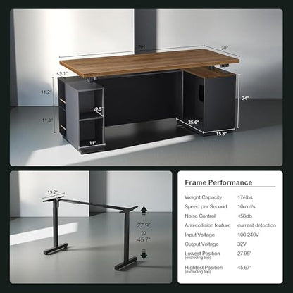 71" Electric Standing Executive Desk with Privacy Panel & Charging Station, Large One-Piece Height Adjustable Stand Up Desk with Under Storage, Home and Office, Black Walnut