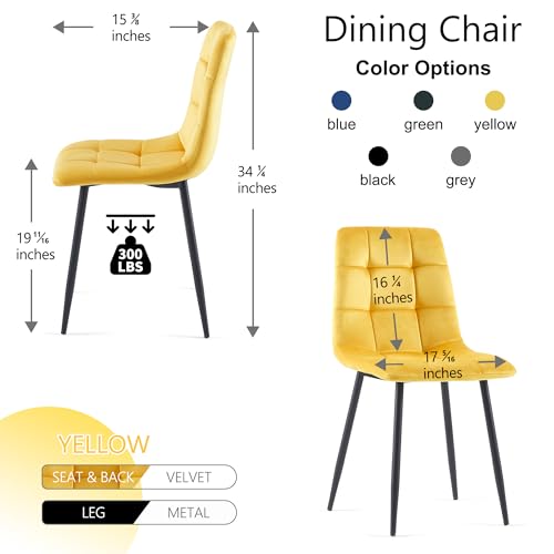 Yellow Velvet Dinner Chairs Set of 2, Modern Armless Biscuit Tufted Dining Side Chairs with Metal Legs for Kitchen Living Room Vanity