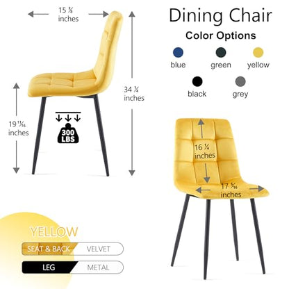 Yellow Velvet Dinner Chairs Set of 2, Modern Armless Biscuit Tufted Dining Side Chairs with Metal Legs for Kitchen Living Room Vanity