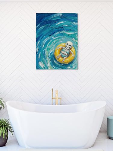 NuYeBiofx Ombre Blue Ocean Funny Skeleton Canvas Wall Art Prints,40"x28" Framed Picture Artwork Abstract Oil Painting Printed Canvas Oil Painting for Living Room Bedroom Office,Ready to Hang