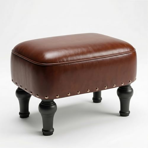 Ottoman Leather Footrest,Vintage Footstool,Thickened Foam Upholstered Seat,Wooden Leg Foot Rest,Under Desk Shoe Bench Small Bench for Living Room Dining Room(Bronw)