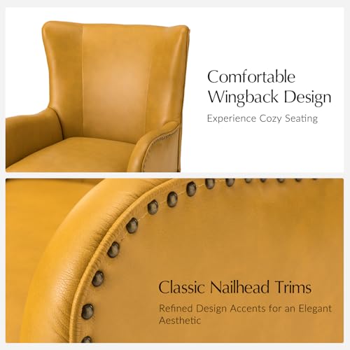 Faux Leather Accent Chair with Removable Cushion, Comfy Upholstered Armchair with Black Metal Legs & Nailhead Trim Wingback Vanity Chair for Reading Living Room Bedroom, Yellow