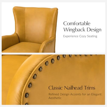 Faux Leather Accent Chair with Removable Cushion, Comfy Upholstered Armchair with Black Metal Legs & Nailhead Trim Wingback Vanity Chair for Reading Living Room Bedroom, Yellow