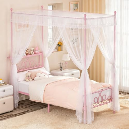 Twin Metal Canopy Bed Frame with Storage Headboard, 4 Poster Bed, Pink, view 5