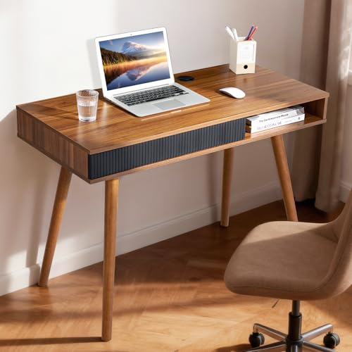 Walnut Wood Desk with Drawer, 42.5" Mid Century Modern Writing Desk, view 2