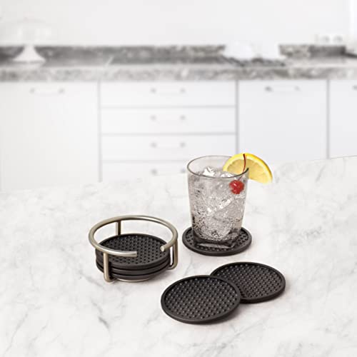 Spectrum Euro Modern Table Coaster Set of 6 with Holder for Living Room Coffee Table & End Tables, Silicone Coasters for Drinks with Holder Features Easy Release Bubble Texture, Satin Nickel