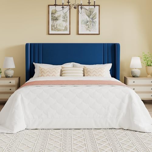 Queen Velvet Upholstered Bed Frame, Wingback Headboard, Blue, view 4