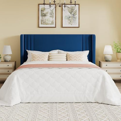 Queen Velvet Upholstered Bed Frame, Wingback Headboard, Blue, view 4