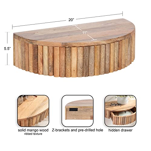 Reid Ribbed Wooden Floating Side Table; 20 x 11 x 6; Natural Brown; Modern Wood Floating Nightstand with Drawer for Extra Storage and Added Functionality