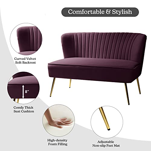 Contemporary Velvet Loveseat Sofa, Upholstered Loveseat Couch with Golden Metal Legs, Small Tufted 2-Seat Sofa Armless Love Seat for Living Room, Bedroom, Apartment Small Spaces, Purple