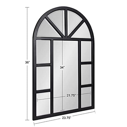 Hogan Rustic Wood Framed Arch Windowpane Wall Mirror, 24 x 36, Distressed Black, Chic Farmhouse Wall Decor