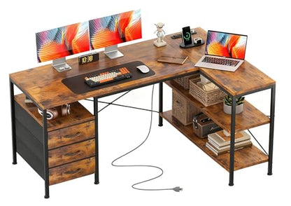 L Shaped Computer Desk, 47 Inch Corner Desk with Drawers and Power Outlets, Home Office Desk for Gaming, Study Writing PC Table with Storage and Reversible Shelf, Rustic Brown