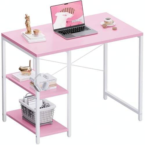 32 Inch Small Computer Desk with Shelves, Home Office Desk with Headphone Hook for Bedroom, Study Writing PC Table for Small Spaces, Pink