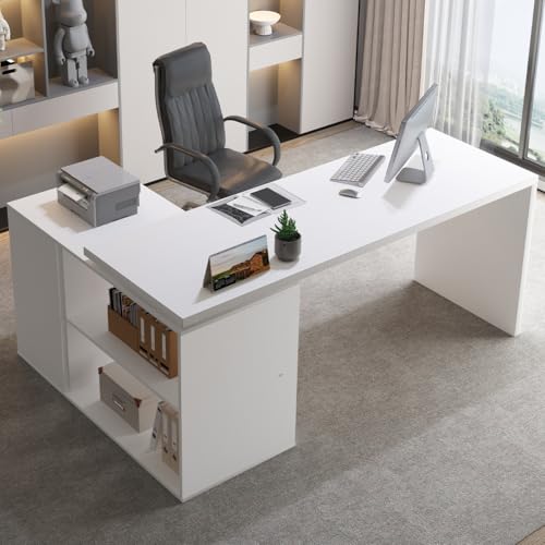 White L Shaped Desk with Drawers Shelves, Corner Home Office Desk L Shape with Storage Cabinet, Large Wood Computer Desk for PC Executive Work Writing Study, Modern Living Room Bedroom Table,60 In