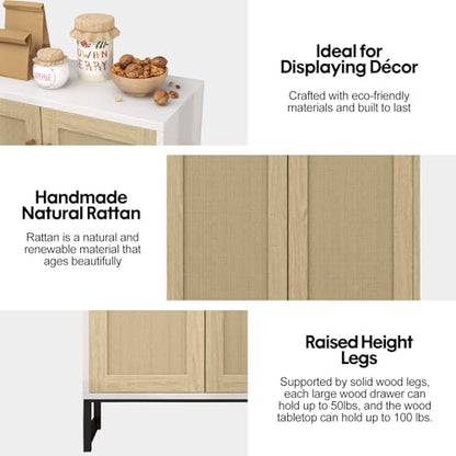 Rattan Decorated 2 Doors Storage Cabinet Accent Cabinet Living Room Cupboard Kitchen Sideboard Buffet Table (White)
