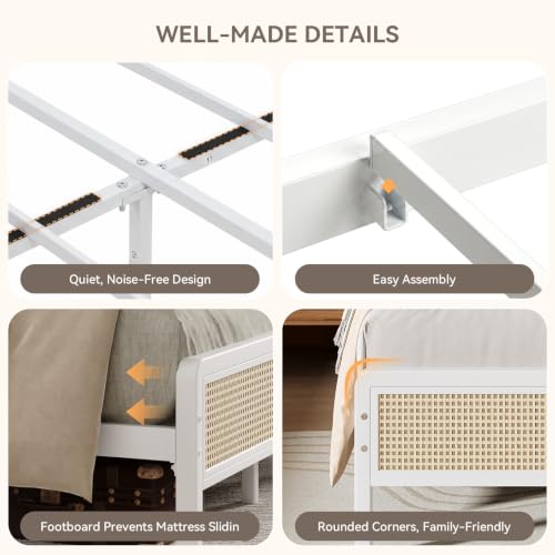 Rattan Queen Bed Frame with Headboard, Boho Queen Metal Platform Bed Frame with Steel Slats, Under Bed Storage, Rounded Corners, No Box Spring Needed, Quiet Design, Easy Assembly, White