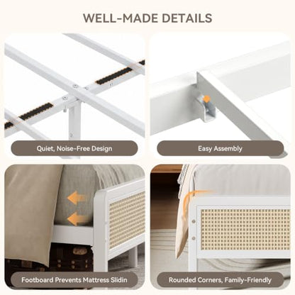 Rattan Queen Bed Frame with Headboard, Boho Queen Metal Platform Bed Frame with Steel Slats, Under Bed Storage, Rounded Corners, No Box Spring Needed, Quiet Design, Easy Assembly, White