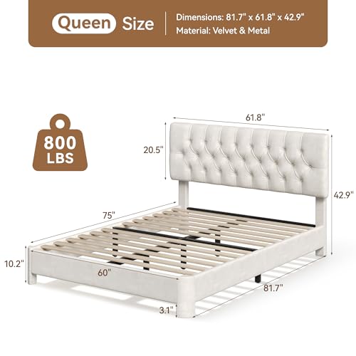 Queen Upholstered Bed Frame, White Velvet Cloud Platform Bed, view 3