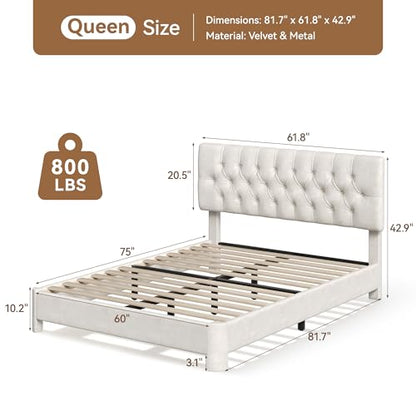 Queen Upholstered Bed Frame, White Velvet Cloud Platform Bed, view 3