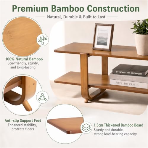 Bamboo TV Stand with Storage for TVs up to 65'', Modern Entertainment Center with 2 Open Shelf, Accent TV Media Console Table for Living Room, Bedroom, 55"(L), Walnut