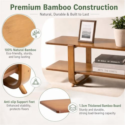 Bamboo TV Stand with Storage for TVs up to 65'', Modern Entertainment Center with 2 Open Shelf, Accent TV Media Console Table for Living Room, Bedroom, 55"(L), Walnut