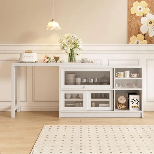 47" Large Buffet Sideboard Cabinet Extendable Wood Kitchen Storage Cabinet with 3 Doors, Foldable Dining Table with Extension Leaves, White (White)