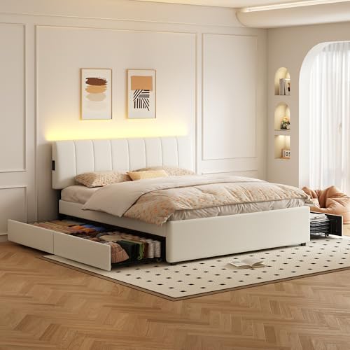 King Size Upholstered Platform Bed with 4 Storage Drawers, view 5