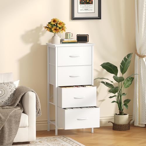 4 Fabric Drawer Small Dresser, Bedside Nightstand with Wooden Top Sturdy Frame, Entryway Closet Bedroom Storage Cabinet Furniture for Dorm,White