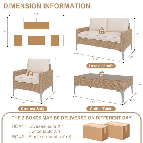 4-Piece Patio Furniture Set,Outdoor Wicker Patio Conversation Set with Tempered Glass Table,All-Weather Rattan Sectional Loveseat&Chairs with Thick Cushions for Garden,Deck,Backyard-Beige