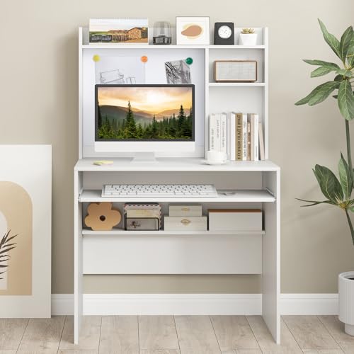 Computer Desk with Hutch, Space Saving Laptop Desk with Magnetic Whiteboard, view 2