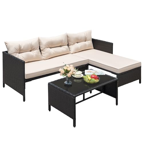 3 Piece Patio Furniture Set Outdoor Wicker Rattan Sectional Sofa with Cushions & Coffee Table for Yard, Garden, Porch, Poolside, Light Beige