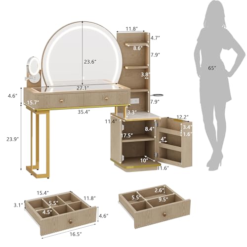 Makeup Vanity Desk with Round Mirror and Lights, view 3