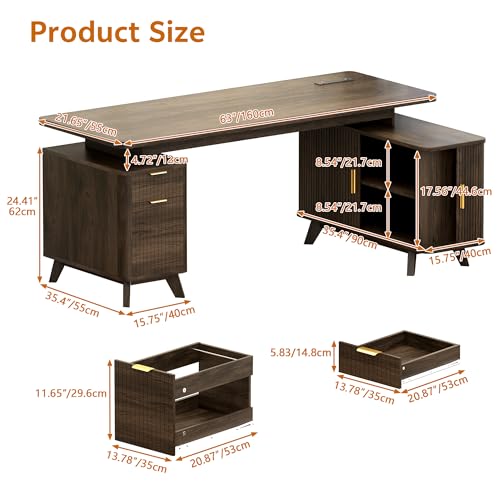 63" Farmhouse L Shaped Executive Desk, Brown, view 3