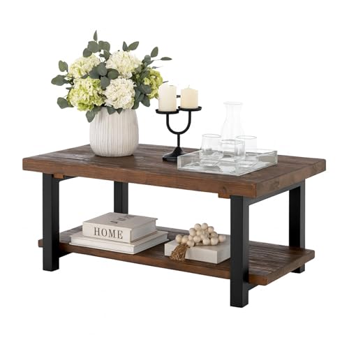 Pomona Rustic Coffee Table with Storage Shelf - 42-Inch Industrial Modern Metal and Solid Wood Living Room Table - Easy Assembly Farmhouse Living Room Furniture (Rustic Natural)