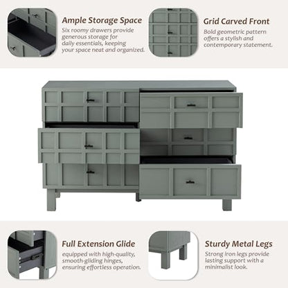 Modern 6 Drawer Double Dresser with Grid Carved Pine Front, view 5
