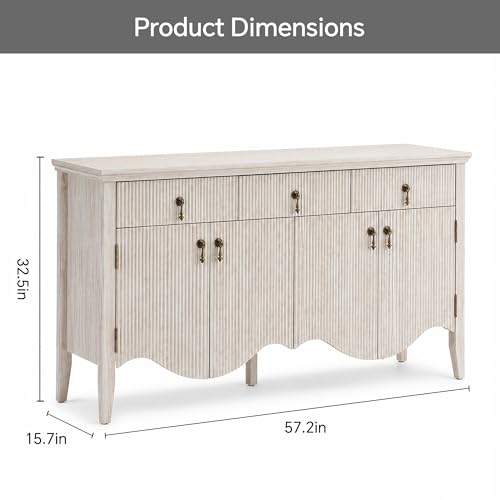 57" Fluted Sideboard Buffet with Storage, 4 Doors & 3 Drawers, Oak, view 3