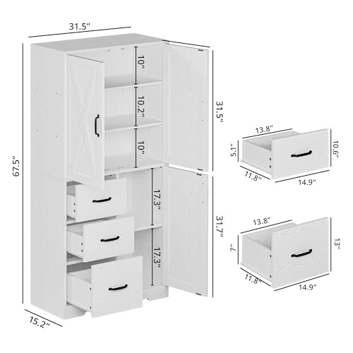 Pantry Cabinet, 67.5 inch Tall Storage Cabinet with 3 Doors & Drawers, Farmhouse Kitchen Cabinet with Adjustable Shelves, 5 Tier Freestanding Cupboard for Kitchen, White