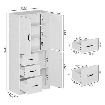 Pantry Cabinet, 67.5 inch Tall Storage Cabinet with 3 Doors & Drawers, Farmhouse Kitchen Cabinet with Adjustable Shelves, 5 Tier Freestanding Cupboard for Kitchen, White