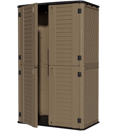 Large 67 Cu.ft Waterproof Storage Shed, Outdoor Storage Cabinet，Durable Resin Sheds for Patio Furniture, Garden Tools, Pool Accessories, Mower Storage (Coffee)
