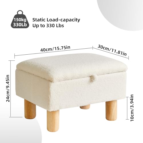 Ottoman with Storage, Small Foot Rest for Couch 16x12x9.5inch, Safety Hinge Flip Top Foot Stool Load up to 330lb for Living Room Dorm Teddy White YD-JD136W