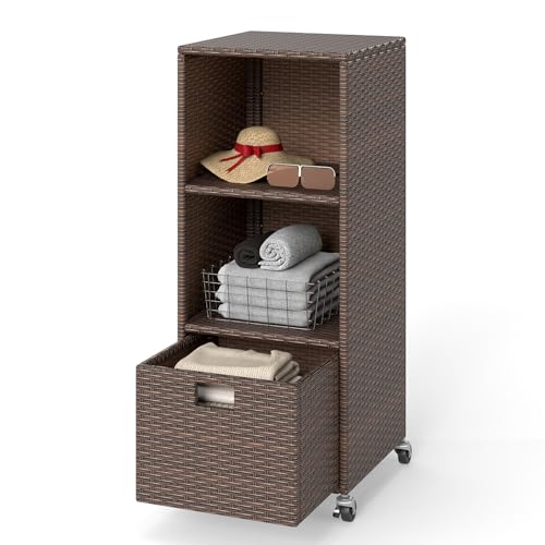 Wicker Outdoor Storage Cabinet - Rattan Pool Towel Rack on Wheels w/Shelves and Drawer, Tall Patio Furniture Outside Caddy Organizer for Porch Deck, Garden Tool & Hot Tub Accessory Storage