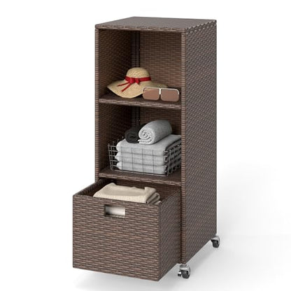 Wicker Outdoor Storage Cabinet - Rattan Pool Towel Rack on Wheels w/Shelves and Drawer, Tall Patio Furniture Outside Caddy Organizer for Porch Deck, Garden Tool & Hot Tub Accessory Storage