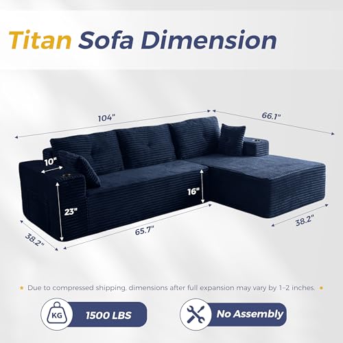 104" Modular Sectional Couch with L-Shape Chaise, Modern Boneless Couch for Living Room, Sofa in A Box, Oversized Sofa with Deep Seat, No Assembly Required, Navy