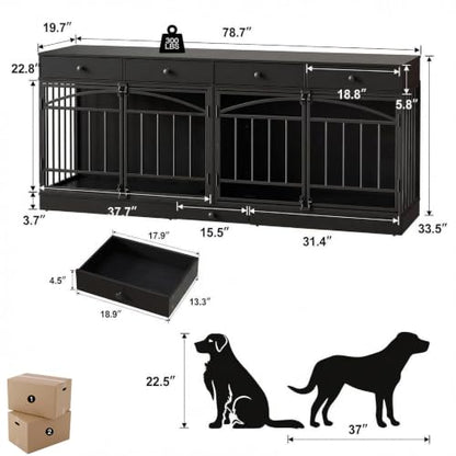 78.7" Dog Crate Furniture for 2 Dogs with 4 Drawers, Black, view 3