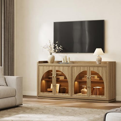 Sideboard Buffet Cabinet with Storage, LED Lights, Arch Glass Doors, view 5
