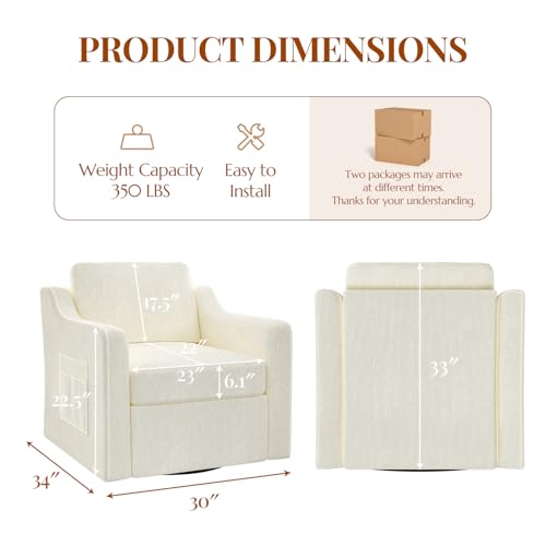 360° Swivel Accent Chair Set of 2, Large Comfy Reading Chairs, Square Single-Seat Armchair Upholstered Sofa for Reading, Nursery, Living Room, Bedroom, Lounge, Hotel, Beige