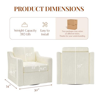 360° Swivel Accent Chair Set of 2, Large Comfy Reading Chairs, Square Single-Seat Armchair Upholstered Sofa for Reading, Nursery, Living Room, Bedroom, Lounge, Hotel, Beige
