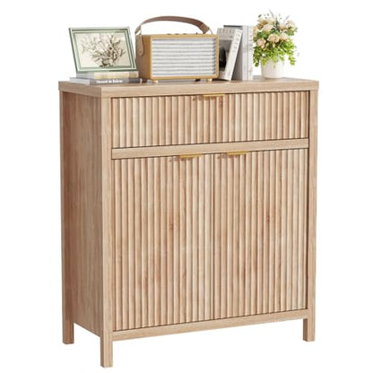 Wooden Sideboard Buffet Cabinet with Drawer and 2 Doors, Modern Fluted Storage Cabinet for Dining Room, Kitchen, Living Room, Entryway – Oak Finish